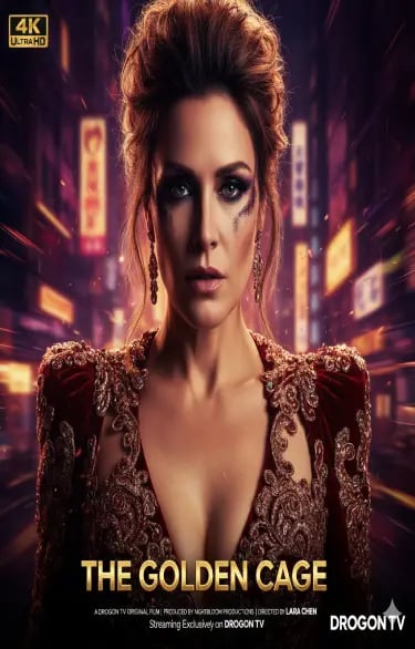 Movie poster for The Golden Cage featuring a woman in a red lace gown against a neon city street.