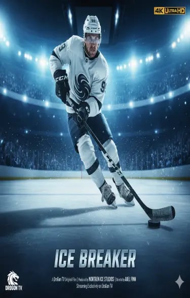 A professional ice hockey player in a white jersey skating on a rink for the film Ice Breaker.