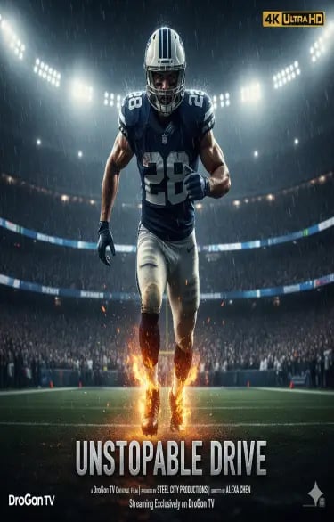American football player running on a field with flaming cleats in a crowded stadium for Unstoppable Drive.