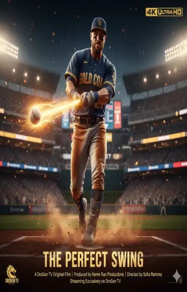 Professional baseball player hitting a glowing flaming baseball in a crowded stadium for The Perfect Swing film.