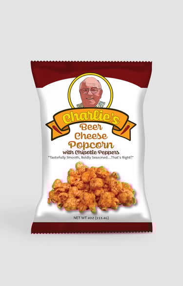 Charlie's Beer Cheese flavored popcorn with Chipotle Peppers