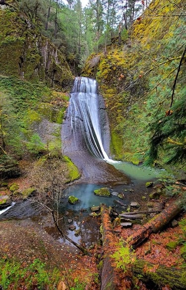 Waterfall Hwy, OR - Wolf Creek Falls and pool of green & blue waters at the bottom