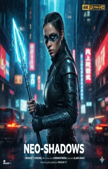 Cyberpunk warrior woman holding a glowing blue electric spear in a rainy neon city for Neo-Shadows.
