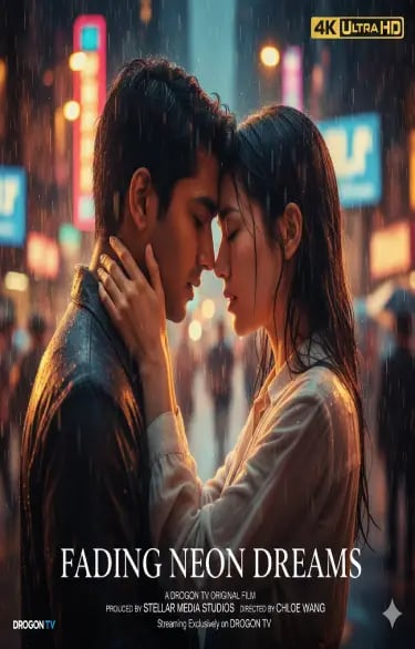A romantic couple embraces in the rain under neon city lights in the Fading Neon Dreams movie poster.