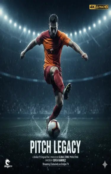Professional soccer player kicking a ball in a rainy stadium for the film Pitch Legacy.