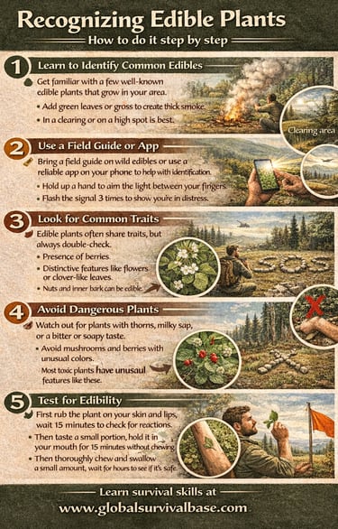 edible plants survival guide infographic showing how to identify safe wild plants