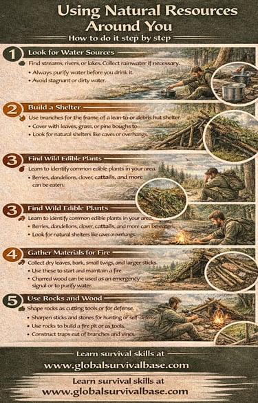 natural resources survival guide infographic showing how to use nature for water shelter and fire