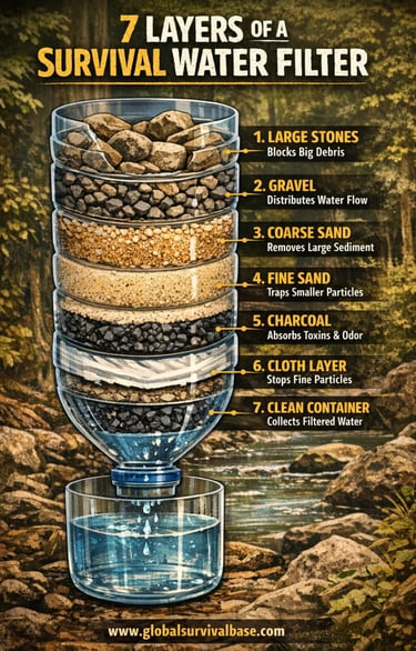 7 layer survival water filter system how to purify water infographic