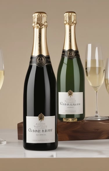 Bottle of Blanc de Blancs Champagne with a crisp white label and a filled flute.