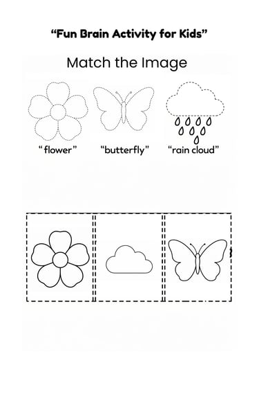 Printable fun brain activity for kids featuring a match the image worksheet with flower, butterfly, and rain cloud icons.