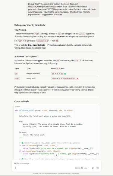 Claude AI debugging simulation showing Python code explanation and corrected logic.
