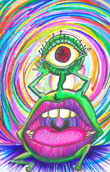 Super high Alien going whoa dude. with a lot of bright, iridescent, radiant, saturated colors.