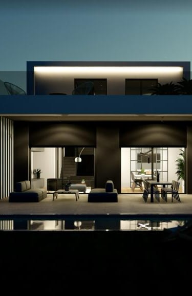 a house with a pool and a lounge area