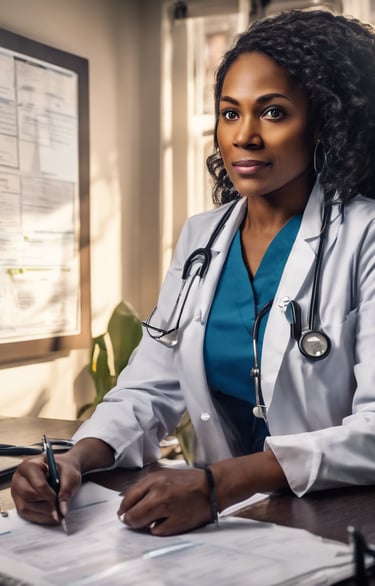 A professional consultation setting with a medical professional sitting at a desk facing a client. The room has a modern aesthetic with white walls decorated with framed certificates. The desk is organized with office supplies, a laptop, and a fruit bowl in the center.