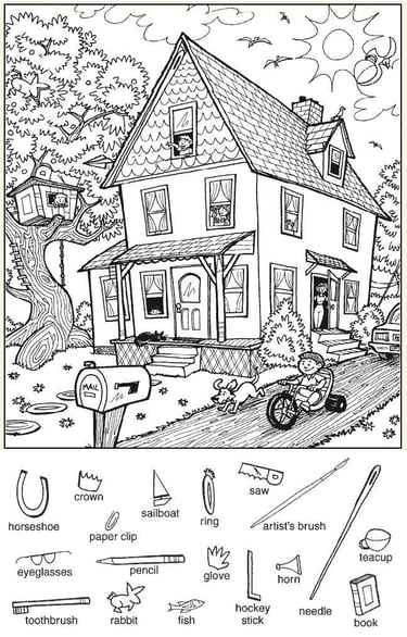Hidden objects puzzle for kids featuring a house, treehouse, and a boy on a tricycle.