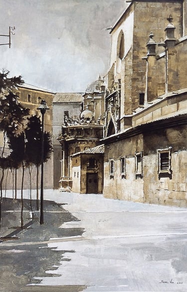 perspectiva de la parte gótica de la Catedral de Murcia sobre tabla y con técnica mixta