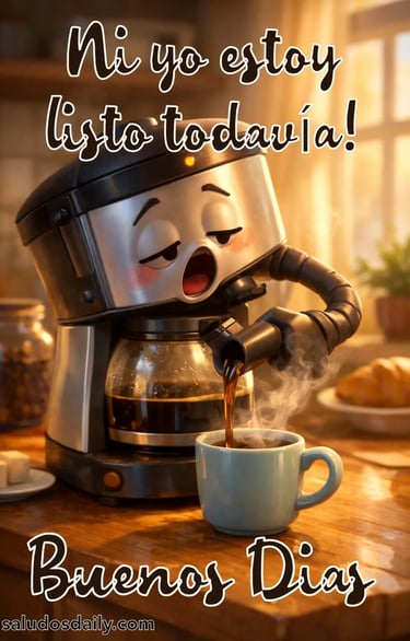 Cafetera animada estilo Pixar bostezando mientras se sirve una taza de café a sí misma en cocina