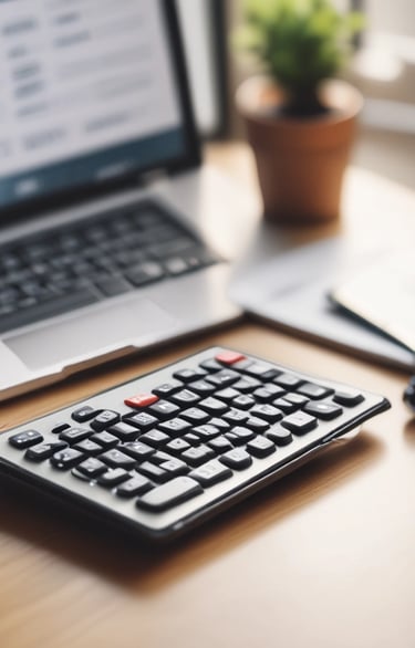calculator on a desk with laptop open and coffee behind it