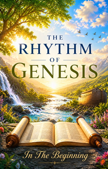 Devotional image for The Rhythm of Genesis with a sunrise valley, waterfall, scroll, and ark”