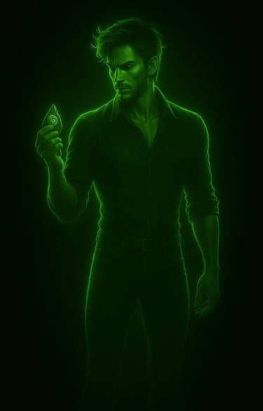 Julian Worthy, brooding agent bathed in green light, stares at a cursed shard with haunted intensity