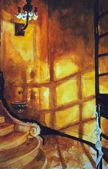 a painting of a staircase with bra hanging on door handle