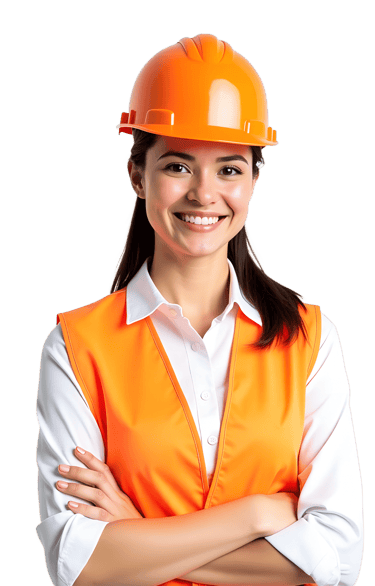 Smiling female construction engineer wearing an orange hard hat and safety vest with arms crossed.