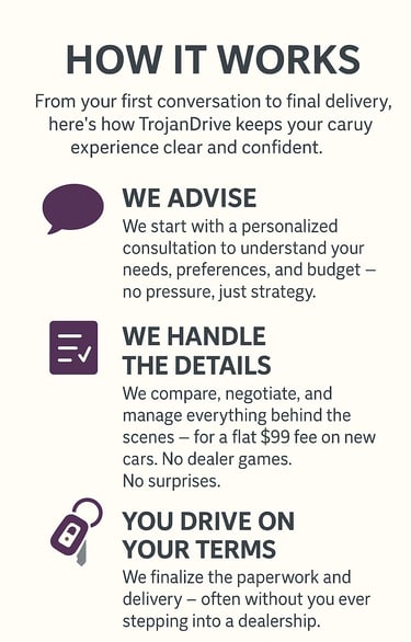 How TrojanGraphic titled ‘How It Works’ showing the TrojanDrive process in three steps: 'We Advise'