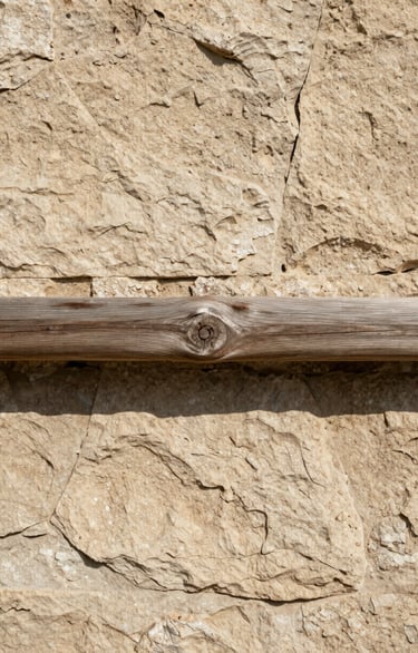 Gros plan sur un mur en pierre calcaire beige et une poutre en bois brut brossé, texture organique et lumière rasante chaleureuse