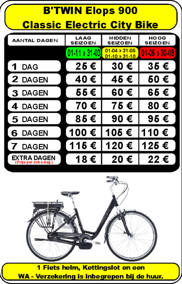 Rental price list for B'TWIN Elops 900 classic electric city bike by day and season.