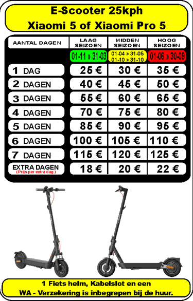Rental price list for Xiaomi 5 and Pro 5 electric scooters with daily rates for low, mid, and high seasons.