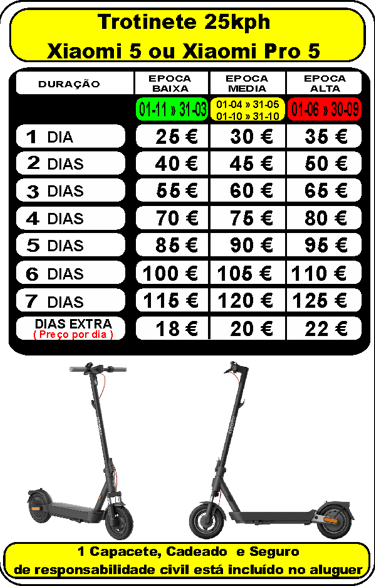 Rental price list for Xiaomi 5 electric scooters showing daily rates and seasonal pricing in Euros.