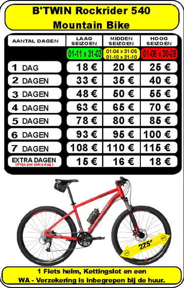 Rental price list for B'TWIN Rockrider 540 mountain bike with seasonal daily rates and image of the red MTB.