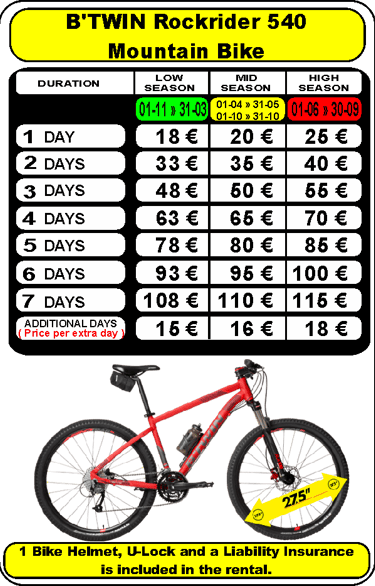 Rental price chart for B'TWIN Rockrider 540 mountain bike with seasonal daily rates.