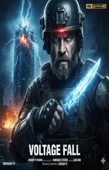 Action movie poster for Voltage Fall featuring a tactical soldier holding a glowing blue electric knife.