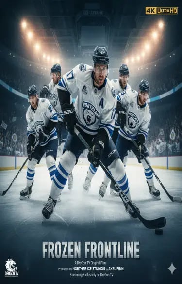 Professional ice hockey players in action on the rink for the Frozen Frontline sports movie poster.
