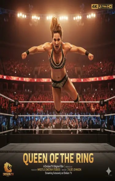 Female wrestler jumping from top ropes in a crowded arena for Queen of the Ring movie poster.