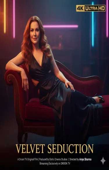 Redheaded woman in a black silk dress lounging on a red velvet sofa under neon lights.