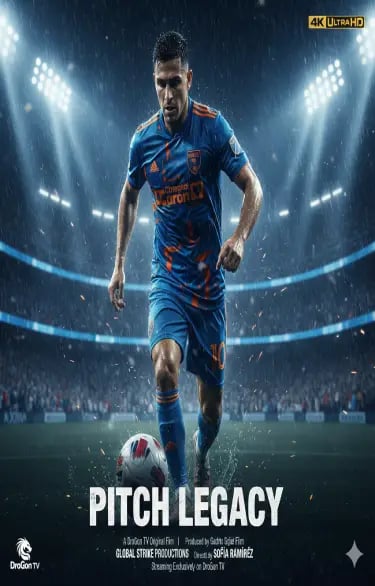Professional soccer player in a blue kit dribbling a ball on a lit stadium pitch for Pitch Legacy.