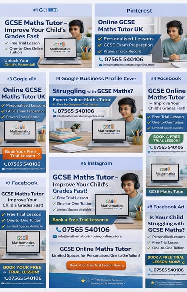Social media advertisements for online GCSE Maths Tutor services featuring a student and laptop.