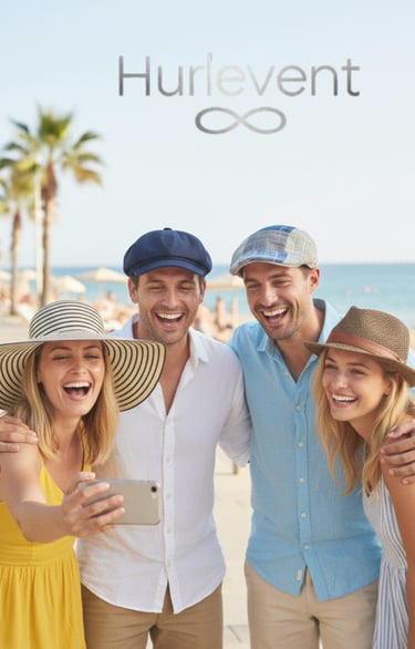Happy friends wearing stylish Hurlevent summer hats taking a group selfie at the beach.