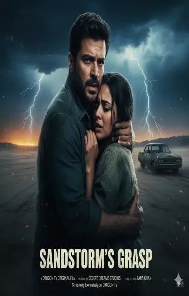 Movie poster for Sandstorm's Grasp featuring a man and woman embracing during a dramatic desert storm with lightning.