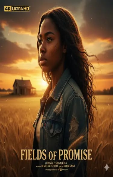Fields of Promise movie poster featuring a young woman in a denim jacket standing in a golden wheat field at sunset.
