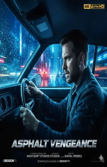 Movie poster for Asphalt Vengeance featuring a man driving a car through a neon city at night.