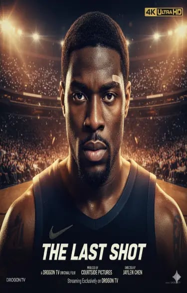 Movie poster for The Last Shot featuring a focused basketball player in a crowded arena under stadium lights.