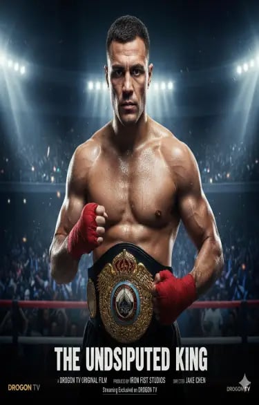 Professional boxer holding a championship belt in a packed arena for The Undisputed King movie poster.