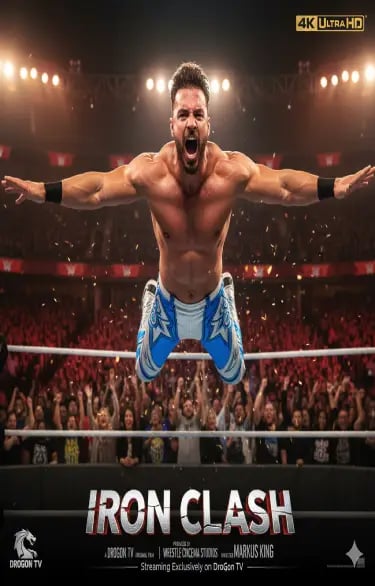 Professional wrestler jumping from the ropes during Iron Clash on DroGon TV in a packed arena.