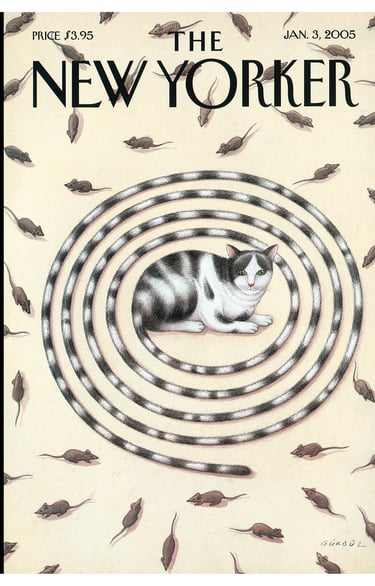 The New Yorker magazine cover featuring a tabby cat with an extra-long tail spiraled around it and small mice.