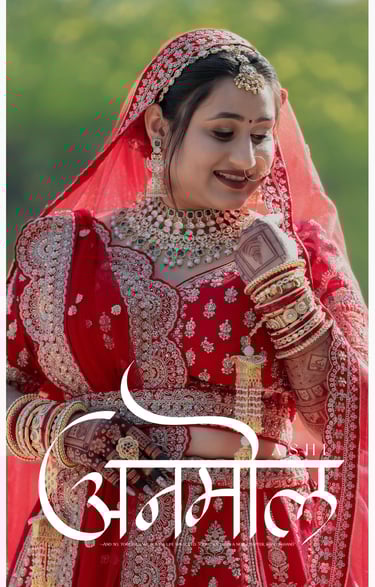 Stunning close-up of Indian bride looking down, flawless bridal makeup, heavy kundan jewelry and red