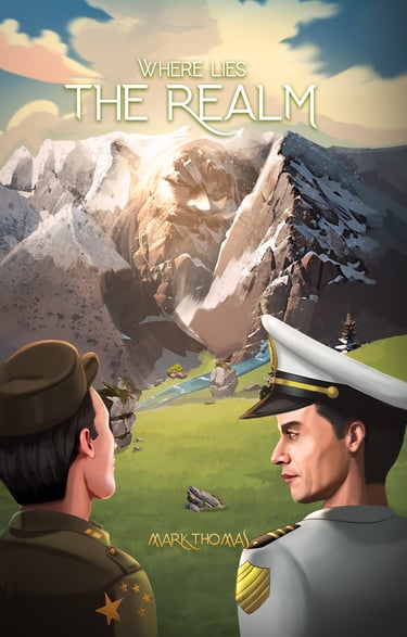 Two men in uniform standing in front of a mountain, Sci-fi and fantasy book cover illustration