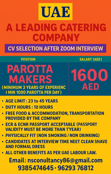 Parotta Maker Job Vacancy in UAE – 1600 AED Salary with Free Food and Accommodation | Apply Now through NS Consultancy Karaik